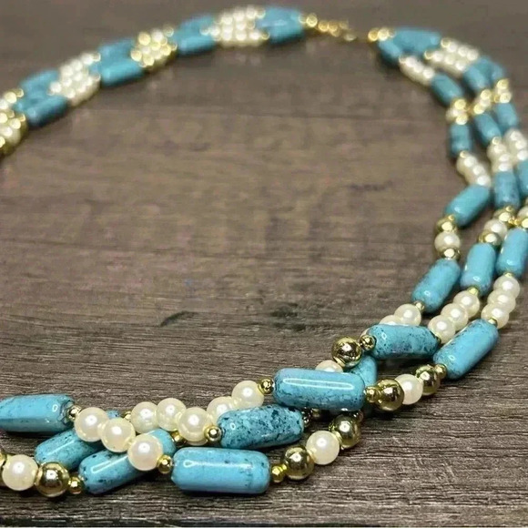 Three Strand Turquoise and Faux Pearl Gold Tone Beads Beaded Necklace - Picture 2 of 3